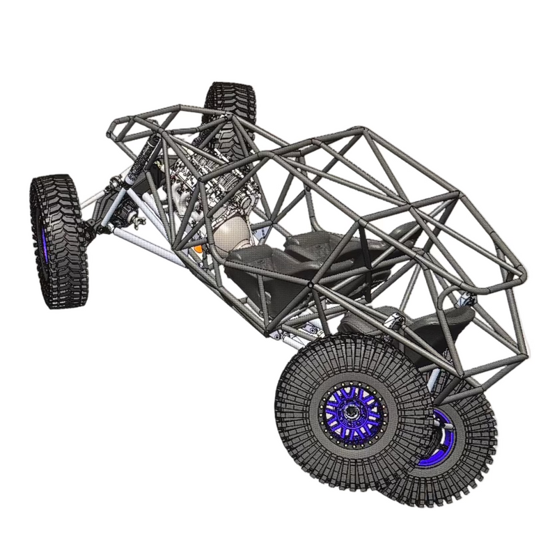 Computer monitor displaying a 3D model of a vehicle on a desk with a keyboard and speakers.