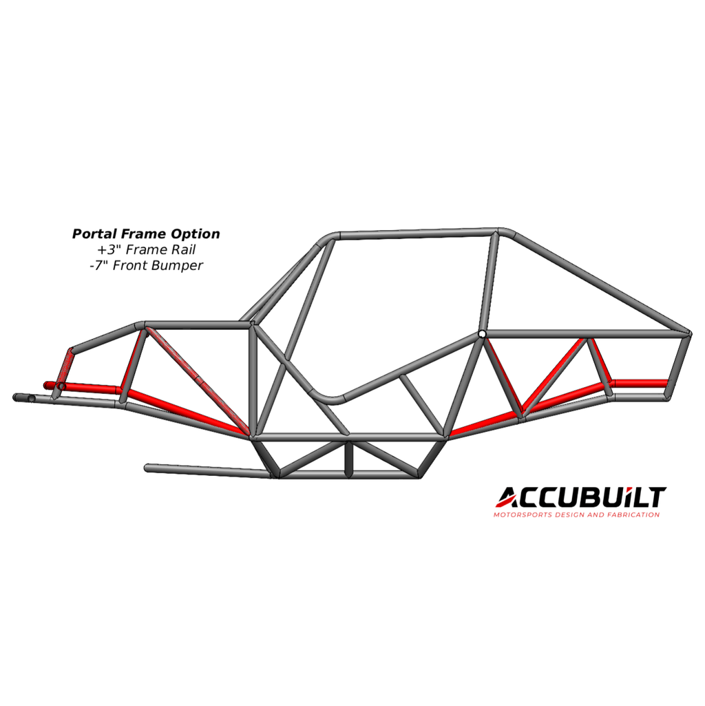 Diagram of a portal frame option with frame rail and front bumper dimensions, featuring Accubuilt logo.