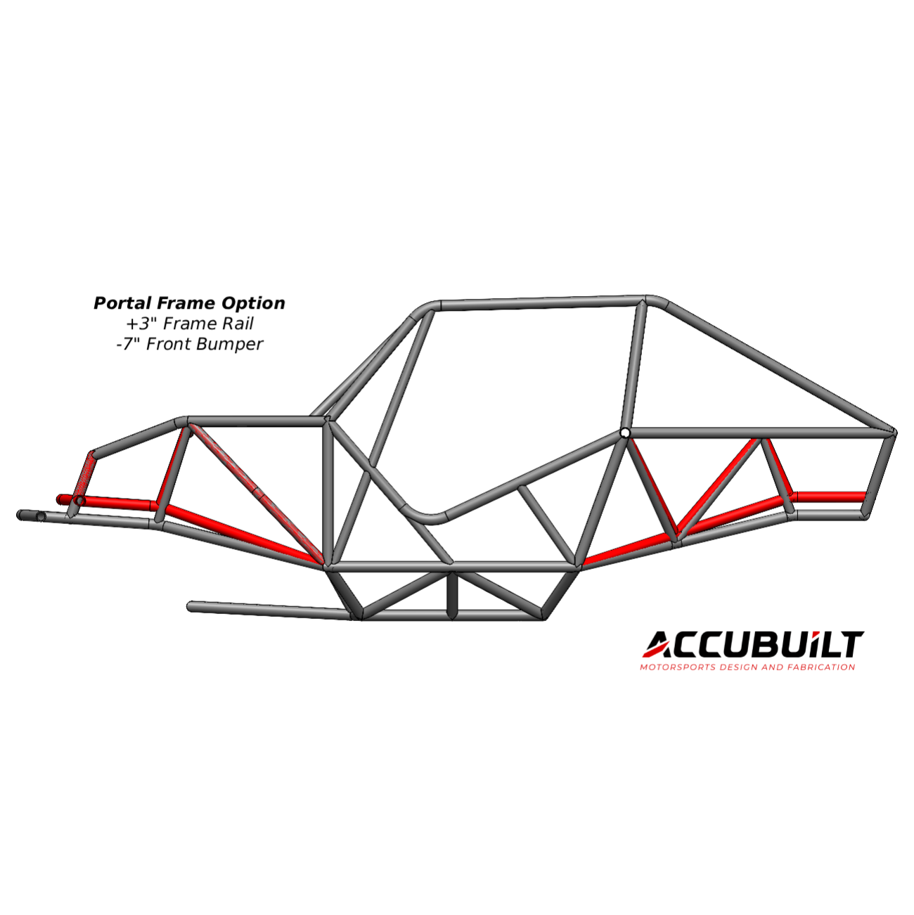 Diagram of a portal frame option with frame rail and front bumper dimensions, featuring Accubuilt logo.
