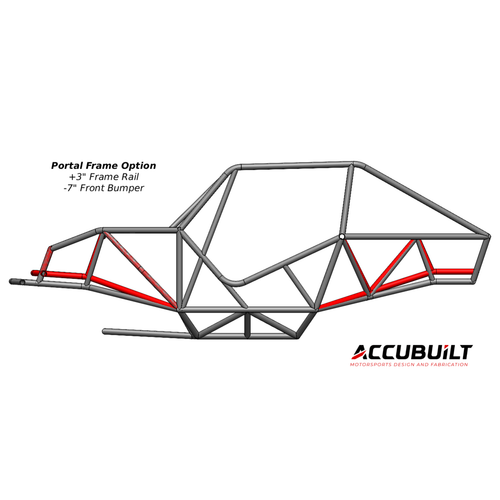 Diagram of a portal frame option with frame rail and front bumper dimensions, featuring Accubuilt logo.